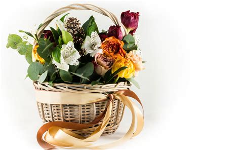 Photo Rose Flowers Alstroemeria Wicker Basket Ribbon White 3840x2400