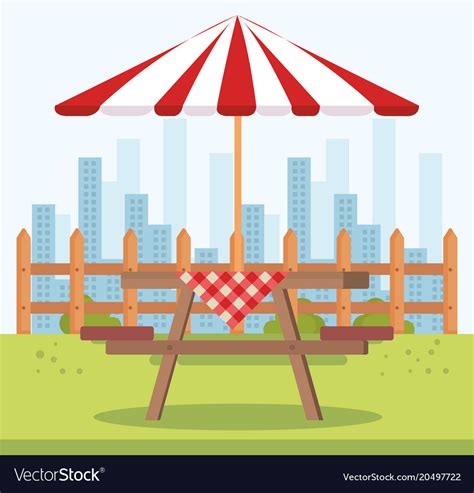 Picnic Table With Umbrella Outdoor Scene Vector Image