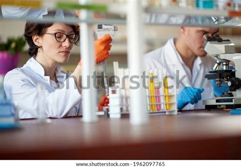 Young Chemistry Students Pipetting Microscoping Laboratory Stock Photo