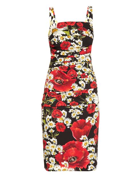 Lyst Dolce And Gabbana Floral Print Ruched Silk Dress In Red