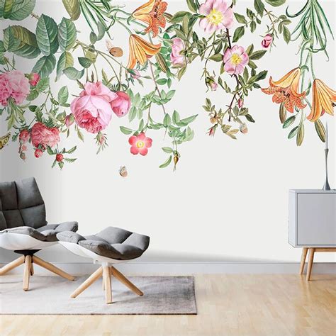 Custom Mural Hand Painted Green Plant Flowers Wall Painting Wallpaper
