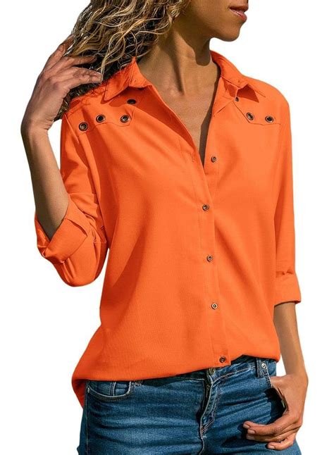 Orange Button Detail Long Sleeve Blouse Long Sleeve Blouse Casual