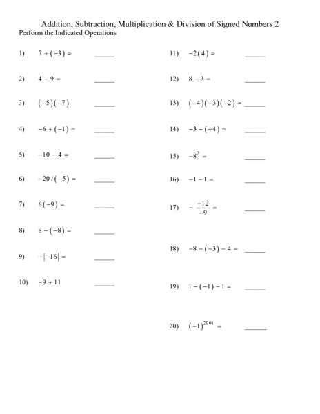 Subtraction Of Signed Numbers Worksheet