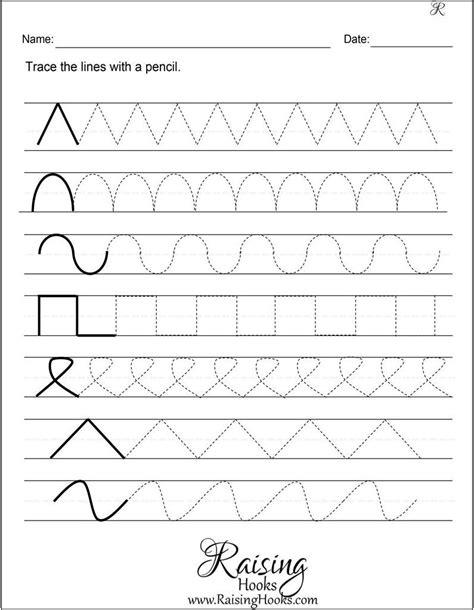 Preschool writing workbook with sight words for pre k. Tracing Lines - Raising Hooks