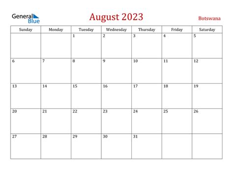 August 2023 Calendar With Botswana Holidays