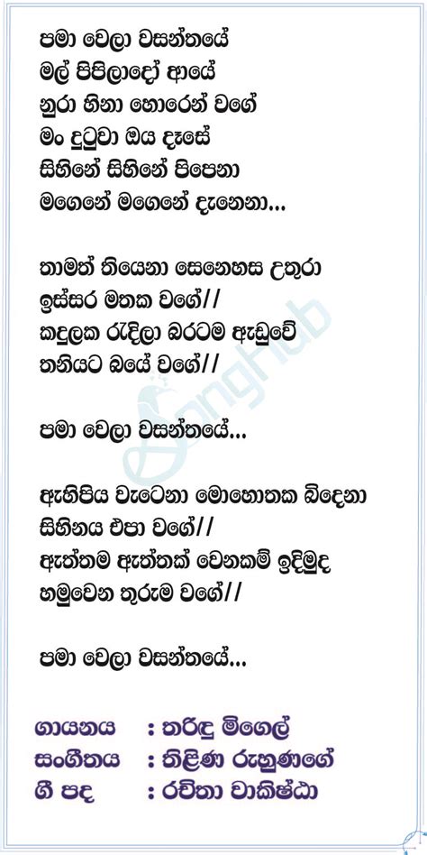 Pama Wela Song Sinhala Lyrics