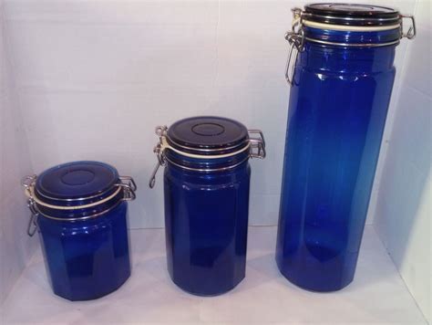 Vintage Cobalt Blue Glass Canister Set Of 3 Jars 12 Panel With Wire Bail Lids Ebay