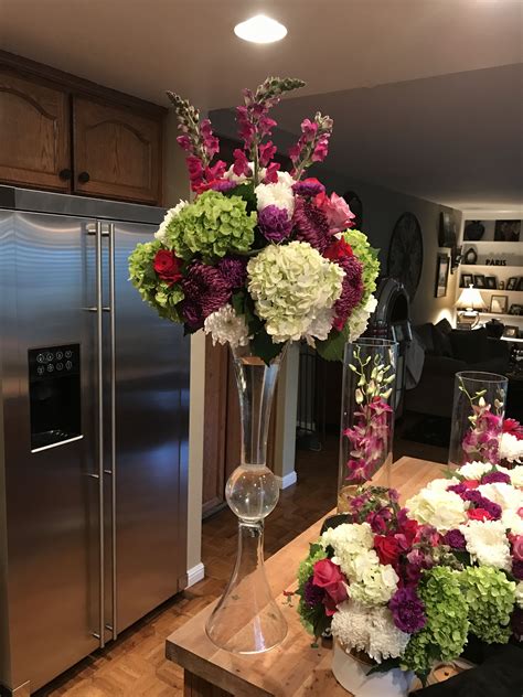 Colorful Tall Centerpiece In Trumpet Vase Wedding Floral