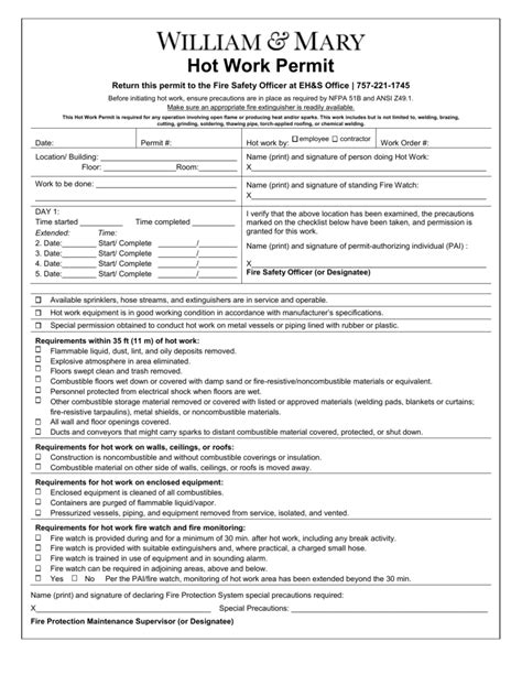 Printable Hot Work Permit Form Fill Online Printable Fillable Images