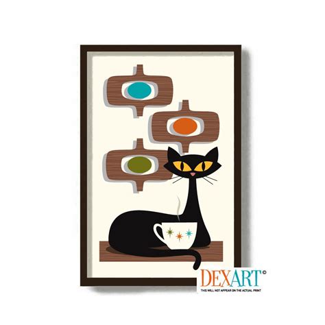 Mid Century Modern Cat And Kitchen Art Print Wall Art Black Cat Lover