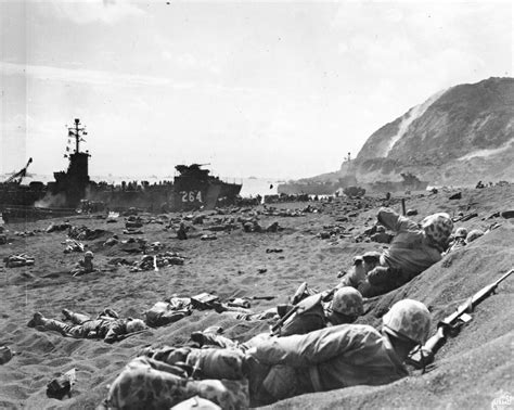 Iwo Jima Marines On Beach Taking Fire From Enemy Positions Mount