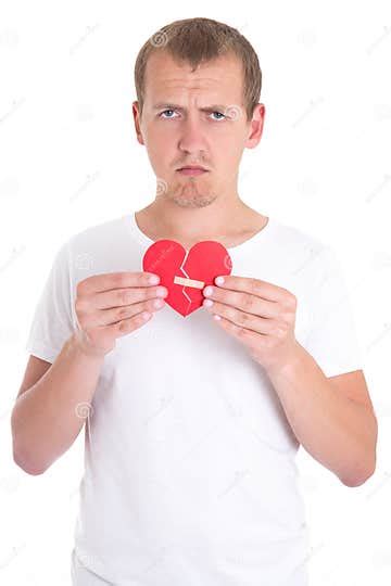 Divorce Concept Sad Man Holding Broken Heart With Plaster Stock Photo