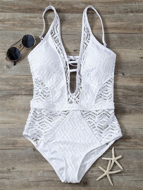 41 Off 2021 Cutout Backless Lace One Piece Swimwear In White Dresslily