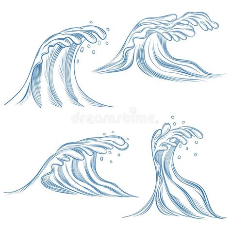 Hand Drawn Ocean Waves Sketch Sea Waves Tide Splash Surfing Storm