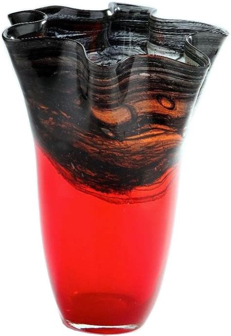 New 14 Hand Blown Glass Murano Art Style Vase Red Black Handkerchief Ruffle Fluted