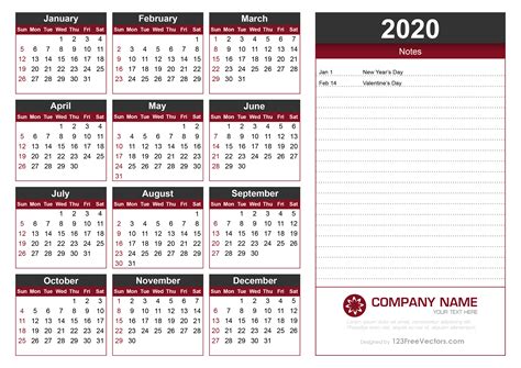 2020 Full Year Calendar
