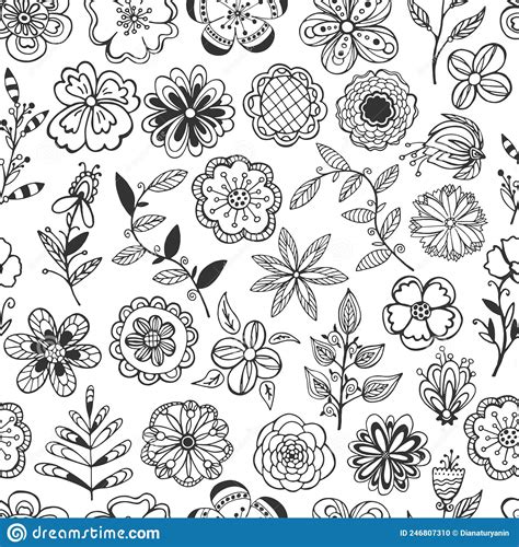 Hand Drawn Seamless Pattern Vector Of Blooming Flowers Leaves With