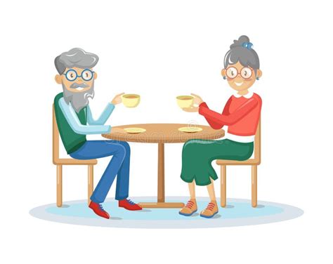 Elderly Couple Drink Coffee Together Cartoon Vector Illustration Stock
