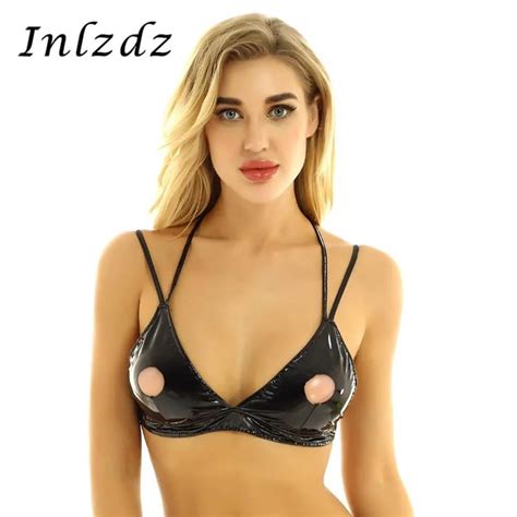 Womens Erotic Lingerie Bra Top Fashion Wetlook Pu Leather Triangle Cups Nipple Hollow Out Cross