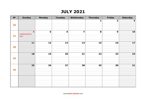 Free Download Printable July 2021 Calendar Large Box Grid Space For Notes