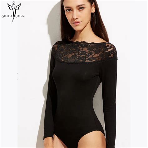 Women Sexy Bodysuits Black Jumpsuits Lace Playsuit Long Sleeve Black