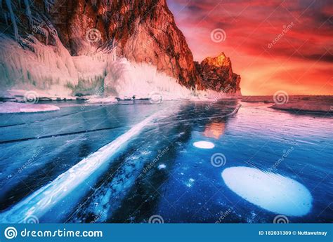 Landscape Of Mountain At Sunset With Natural Breaking Ice In Frozen