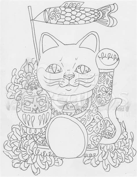 Lucky Cat Maneki Neko Coloring Page Cat Art Tabby Cat Diy Etsy