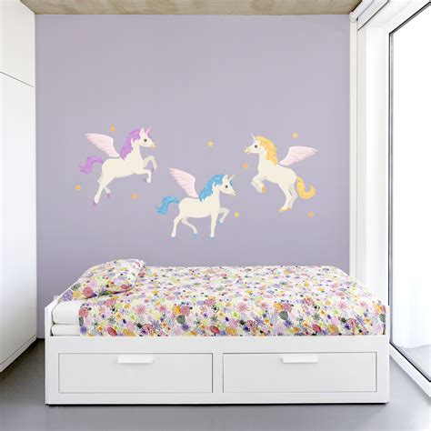 Majestic unicorns soar amongst pink hearts, pastel flowers. Unicorn Wall Decals | Unicorn Wall Stickers | Wallums