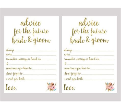 Two Wedding Advice Cards With Gold Foil Lettering On White Paper And