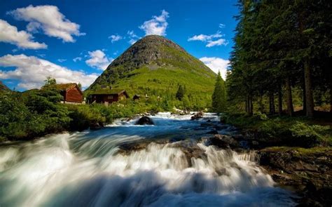 House Stream Norway Trees Hills Landscape Forest