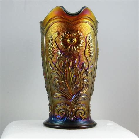 Antique Imperial Amber Fieldflower Carnival Glass Water Pitcher