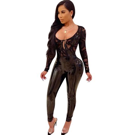 Buy Black Lace Patchwork Leather Jumpsuit Women Sexy Sheer Tight Bandage