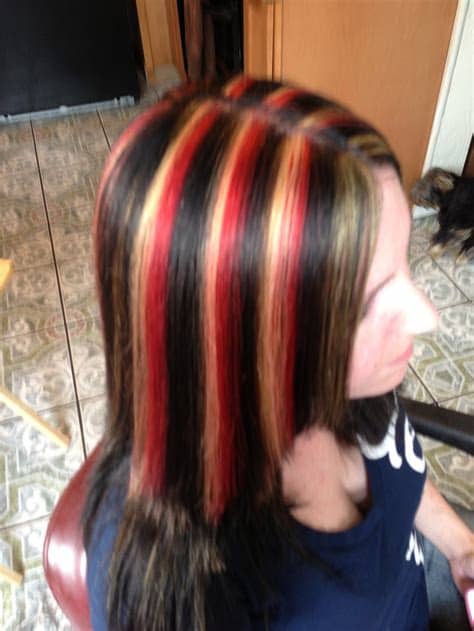 Dimensional with blonde, black, and red. Brown hair with red and blonde highlights | Hair Ideas ...