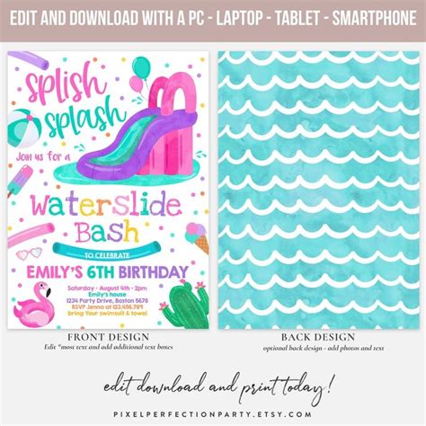 Editable Waterslide Birthday Party Invitation Water Slide Bash Etsy