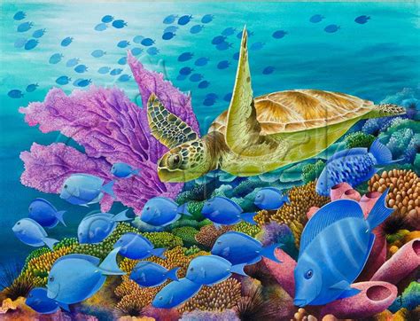 Underwater Tropical Caribbean Coral Reef Art Print With Sea Turtle
