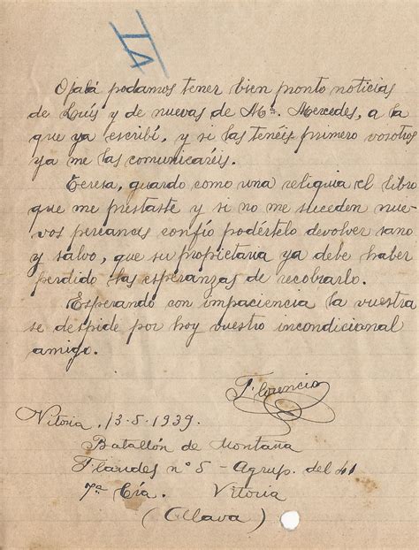 Cartas De La Guerra Civil Española 1936 1939 Florenci Mimó 13 De Mayo De 1939