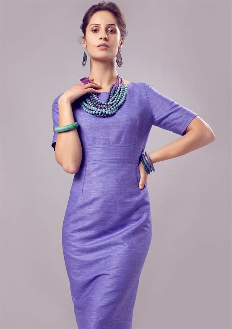 Dress With Sleeves In Bluebell Raw Silk Tussah Silk Violet Raw Silk
