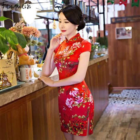 Fengmeisi Women Chinese Girl Cheongsam Short Qipao Style Sexy Dress Split Red Floral Print