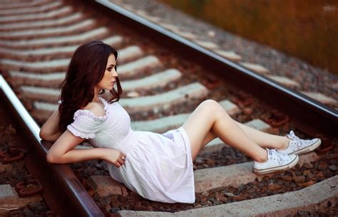 Wallpaper Women Outdoors Model Long Hair Legs Sitting Railway Dress Shoes Romance