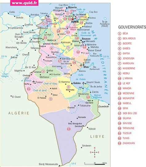 Table des distances en km. Carte de la Tunisie - Plusieurs cartes de la Tunisie ...
