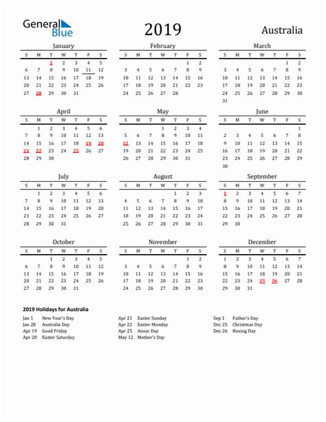 2019 Australia Calendar With Holidays