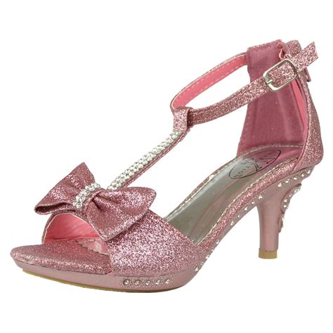 Kids Dress Sandals T Strap Bow Accent Glitter High Heel Shoes Pink