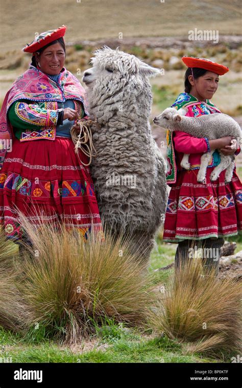 Peru Females With An Alpaca And Lamb At Abra La Raya The Highest