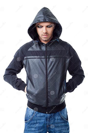 Man Gangster Black Jacket Hood Pockets Stock Photo Image Of Casual