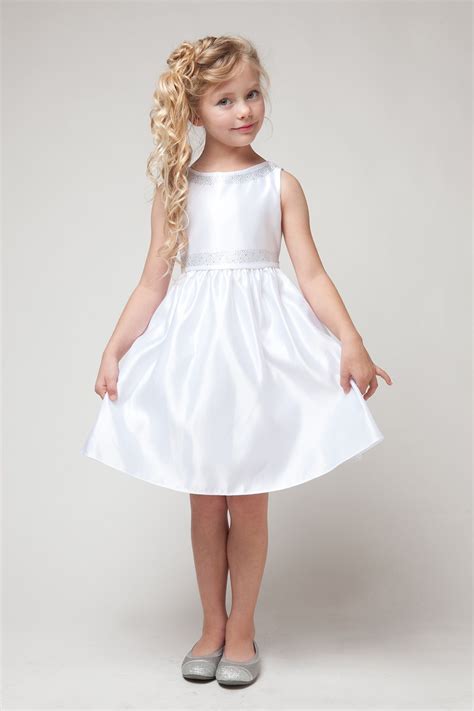 white poly satin flower girl dress with rhinestone beading sleeveless flower girl dresses