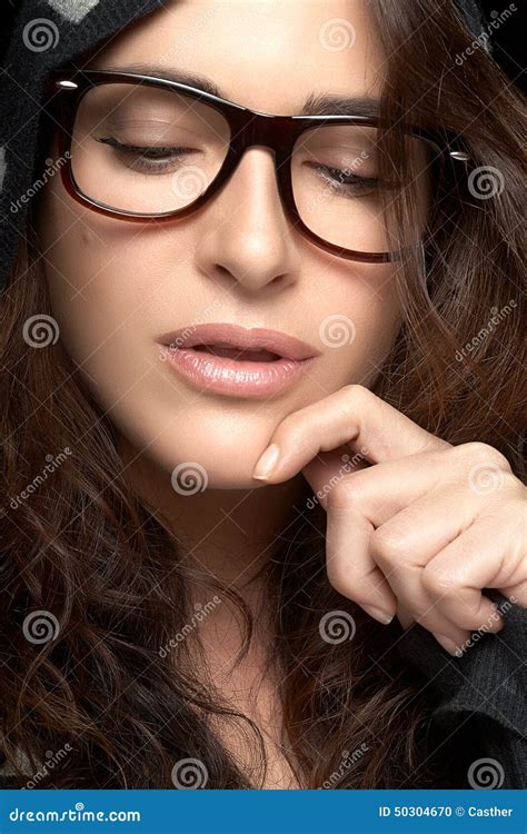 Close Up Pretty Woman Face With Glasses Cool Trendy Eyewear Stock