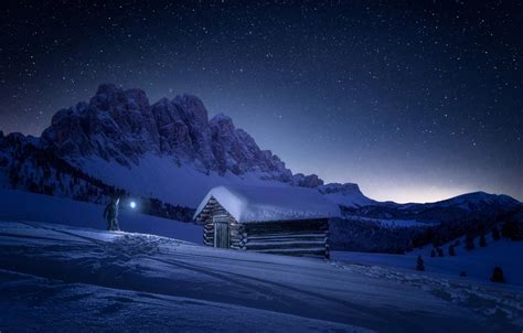Wallpaper Winter The Sky Stars Light Snow Mountains People House