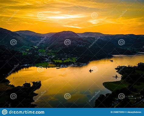 Aerial View Of Sunset Over Ullswater Lake In Lake District A Region