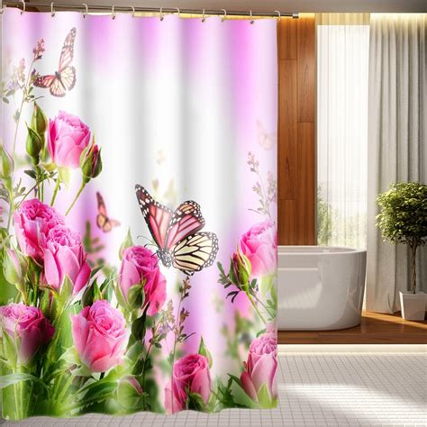 Elegant Romantic Pink Flowers And Butterfly 3d Shower