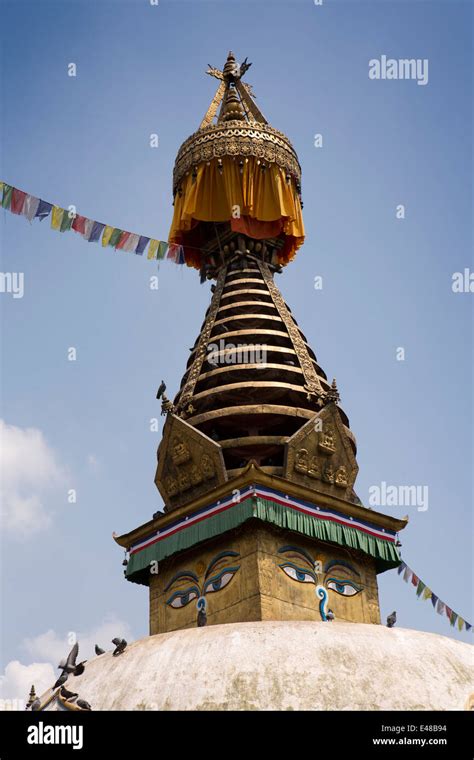 Nepal Kathmandu Kathesimbhu Stupa All Seeing Eye And Prayer Flags